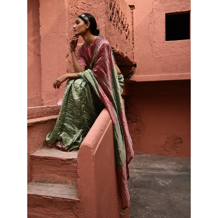 DEEPTHEE Green Metallic Saree with Color Block Stitched Blouse