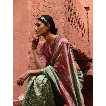 DEEPTHEE Green Metallic Saree with Color Block Stitched Blouse