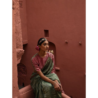 DEEPTHEE Green Metallic Saree with Color Block Stitched Blouse