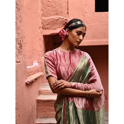 DEEPTHEE Green Metallic Saree with Color Block Stitched Blouse