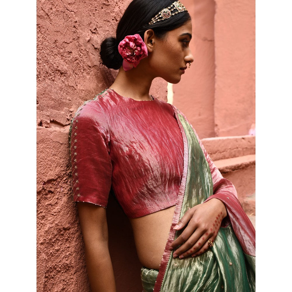 DEEPTHEE Green Metallic Saree with Color Block Stitched Blouse