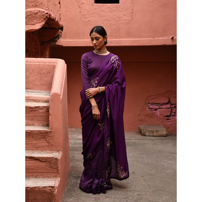 DEEPTHEE Aubergine Saree with Stitched Blouse