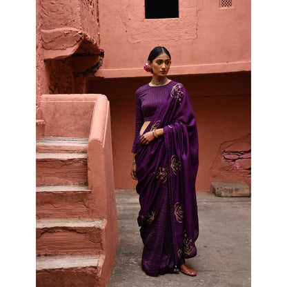 DEEPTHEE Aubergine Saree with Stitched Blouse