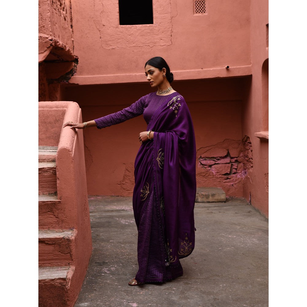 DEEPTHEE Aubergine Saree with Stitched Blouse