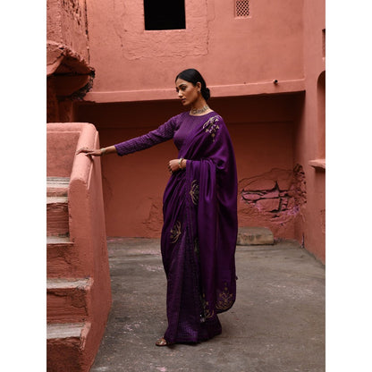 DEEPTHEE Aubergine Saree with Stitched Blouse