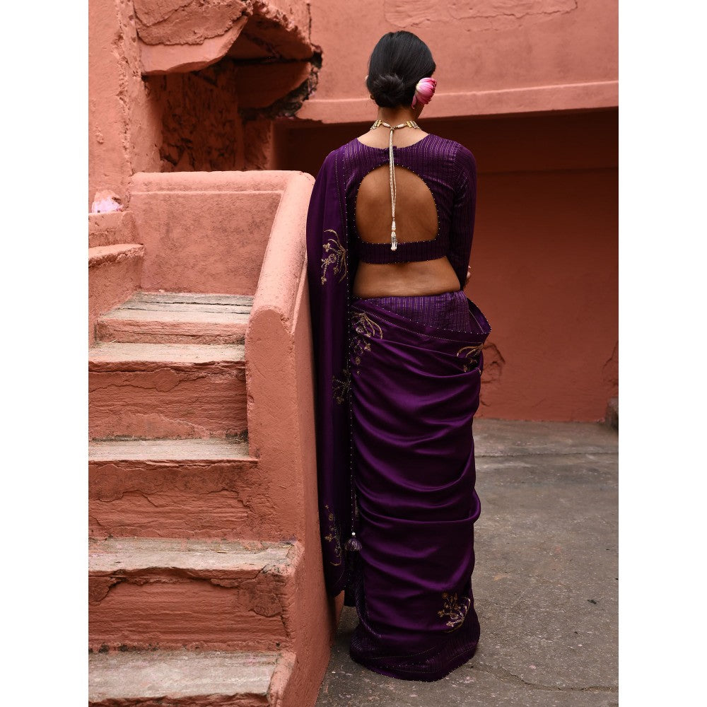 DEEPTHEE Aubergine Saree with Stitched Blouse