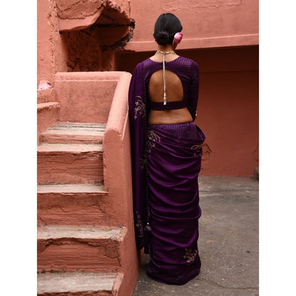 DEEPTHEE Aubergine Saree with Stitched Blouse