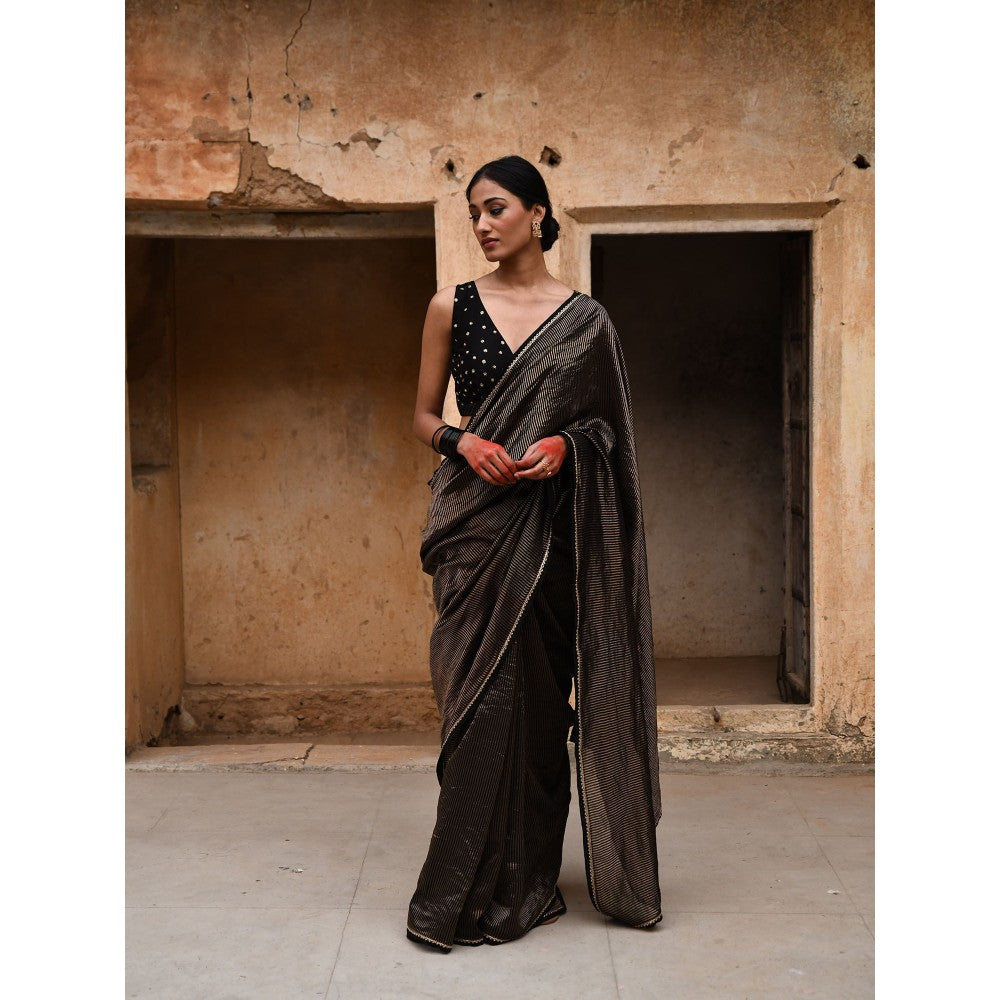 DEEPTHEE Black Tissue Striped Blouse with Stitched