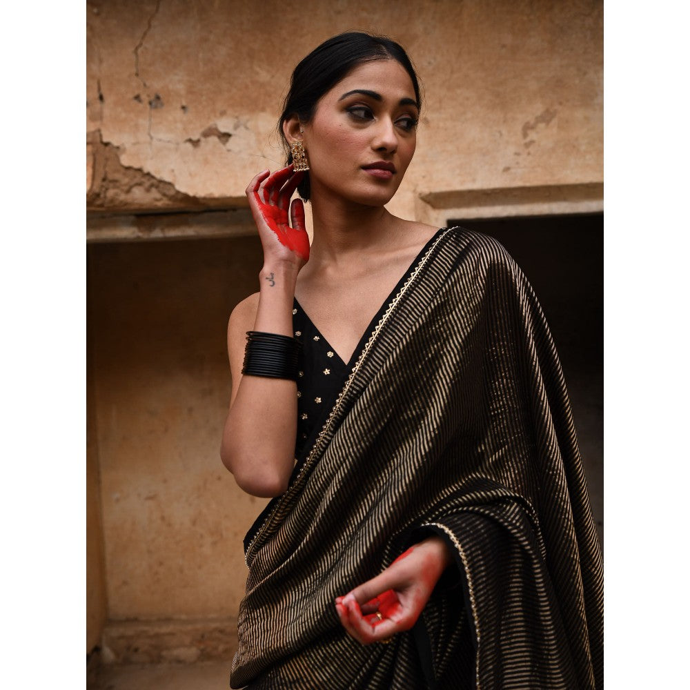 DEEPTHEE Black Tissue Striped Blouse with Stitched