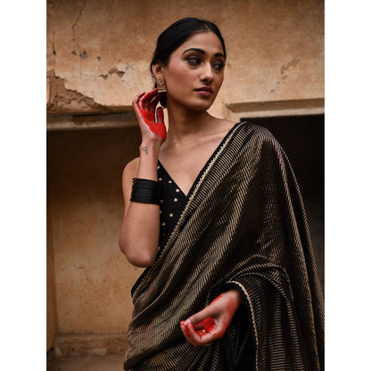 DEEPTHEE Black Tissue Striped Blouse with Stitched