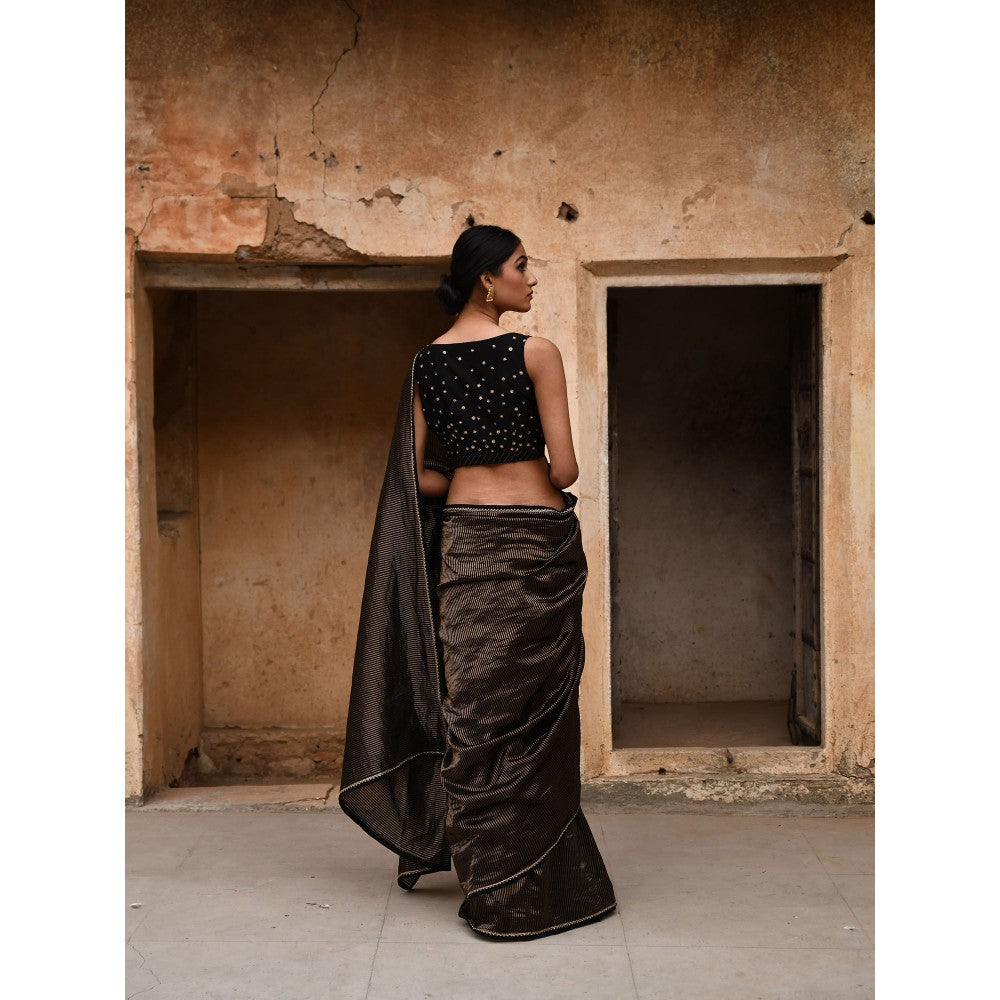 DEEPTHEE Black Tissue Striped Blouse with Stitched