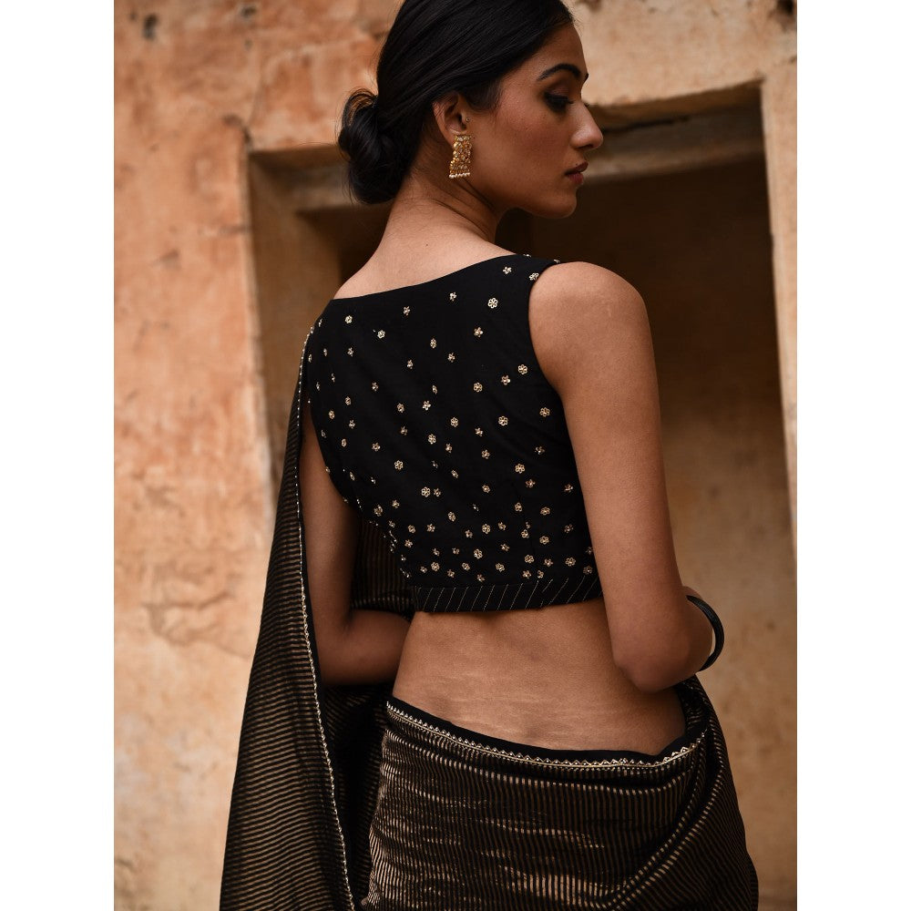 DEEPTHEE Black Tissue Striped Blouse with Stitched