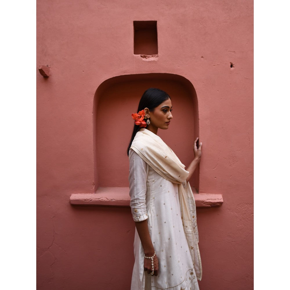 DEEPTHEE Ivory Hand Embroidered Straight Kurta (Set of 3)