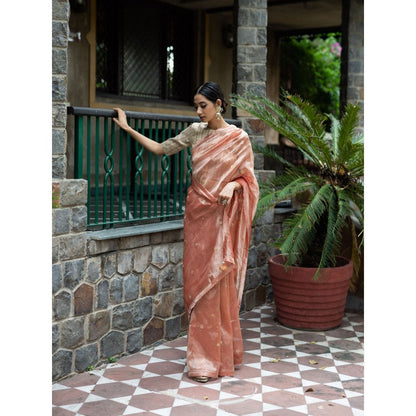 DEEPTHEE Blush Pink Hand Embroidered Tissue Silk Saree with Stitched Blouse