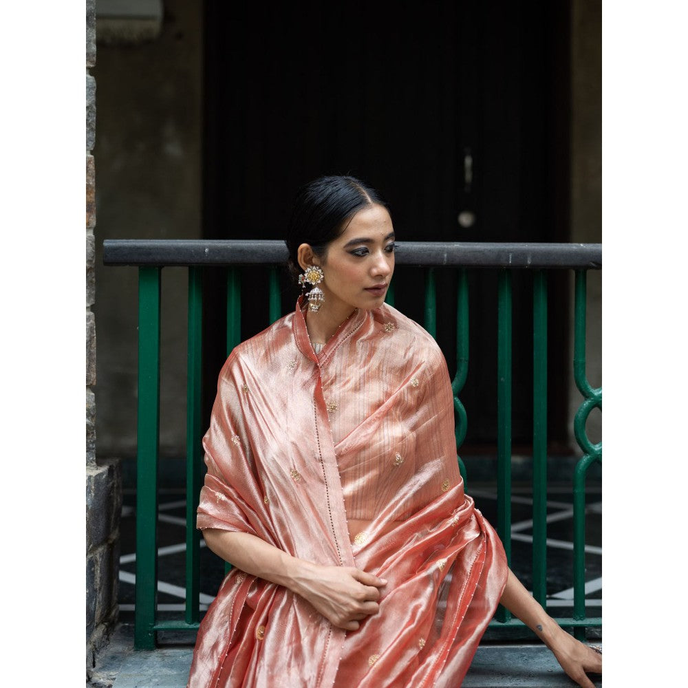 DEEPTHEE Blush Pink Hand Embroidered Tissue Silk Saree with Stitched Blouse