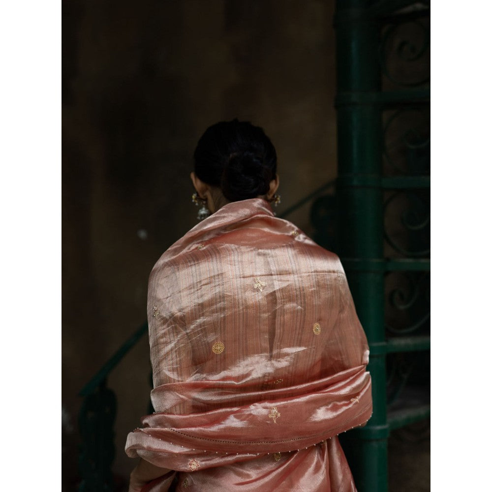 DEEPTHEE Blush Pink Hand Embroidered Tissue Silk Saree with Stitched Blouse