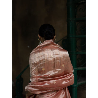 DEEPTHEE Blush Pink Hand Embroidered Tissue Silk Saree with Stitched Blouse