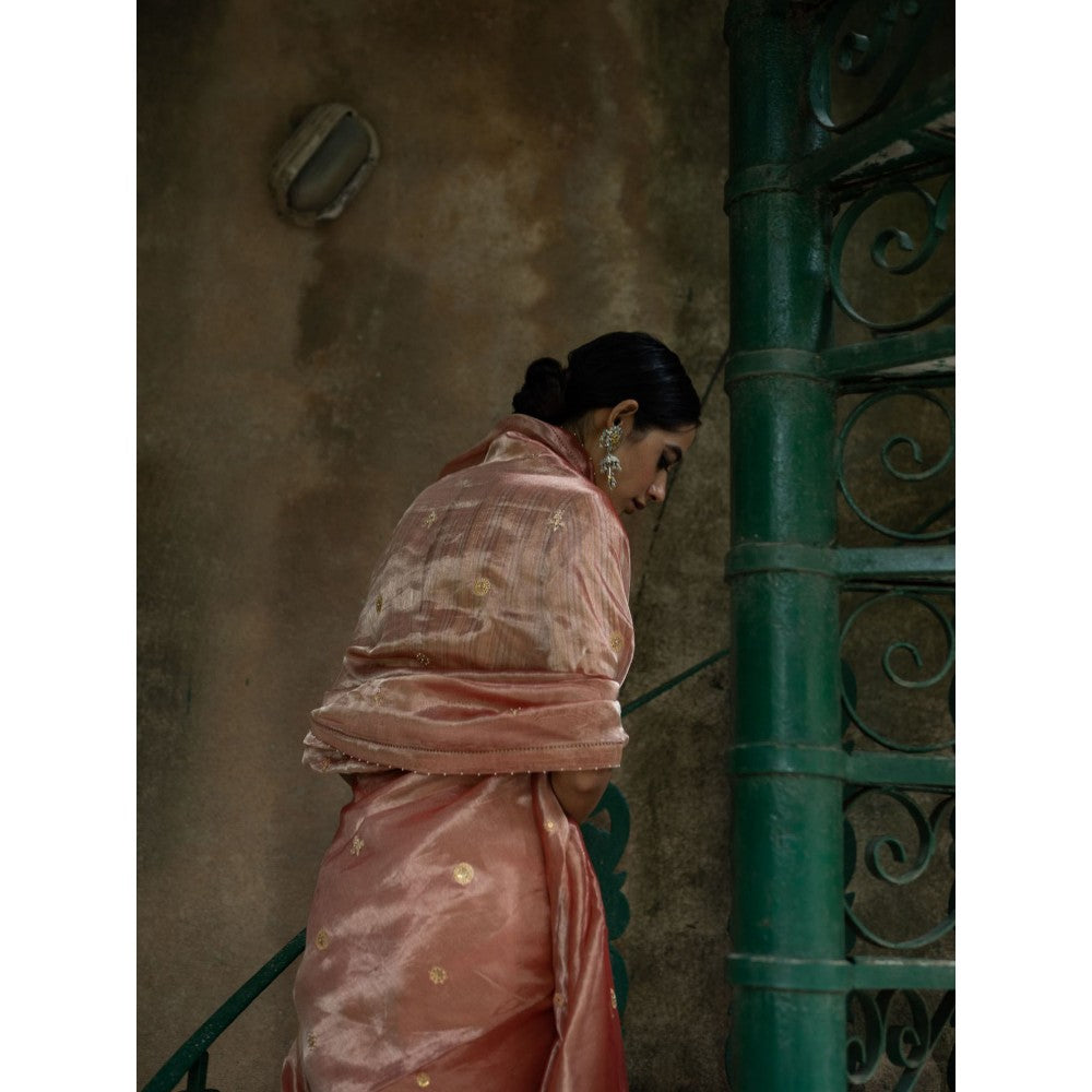 DEEPTHEE Blush Pink Hand Embroidered Tissue Silk Saree with Stitched Blouse