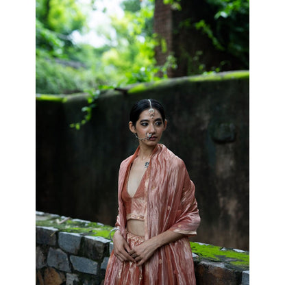 DEEPTHEE Blush Pink Hand Embroidered Kalli Lehenga with Blouse and Dupatta (Set of 3)