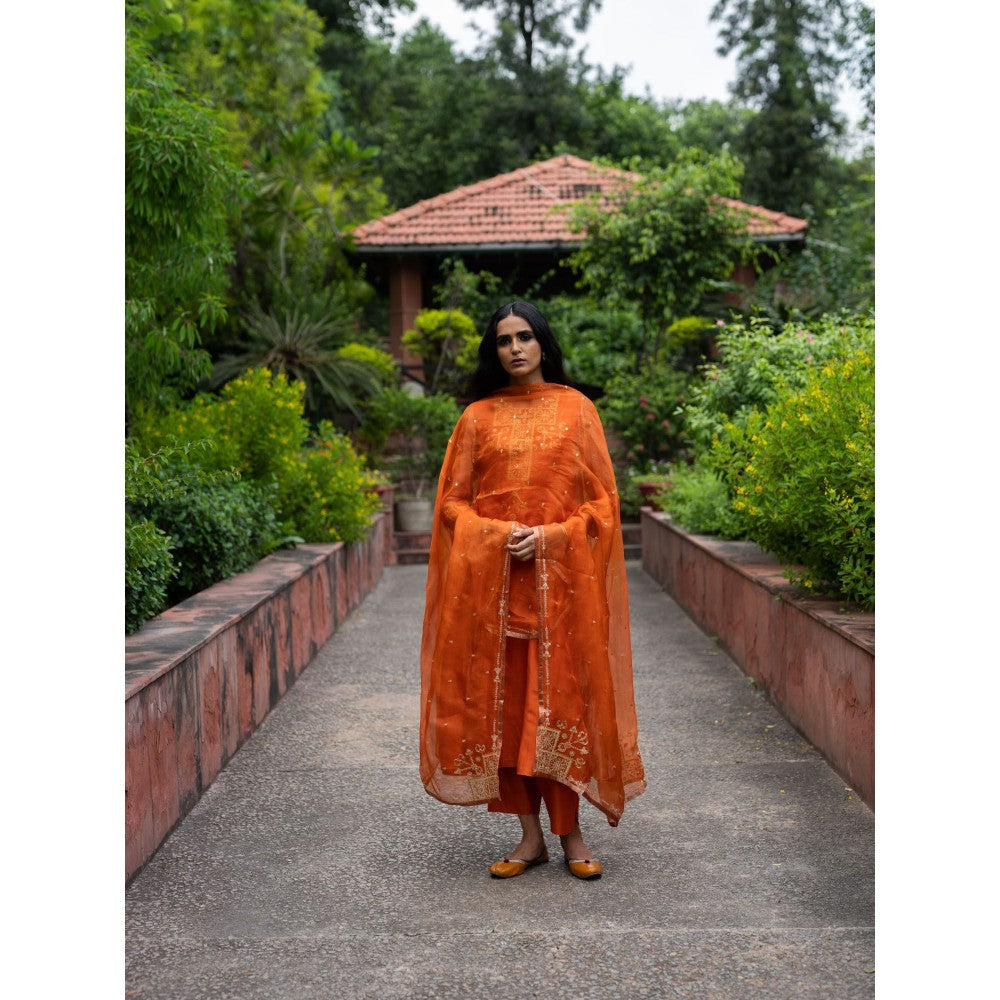 DEEPTHEE Rust Orange Hand Embroidered A-Line Kurta with Pant and Dupatta (Set of 3)