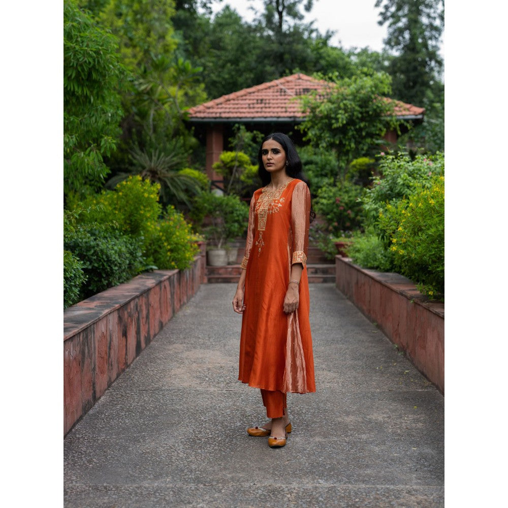 DEEPTHEE Rust Orange Hand Embroidered A-Line Kurta with Pant and Dupatta (Set of 3)