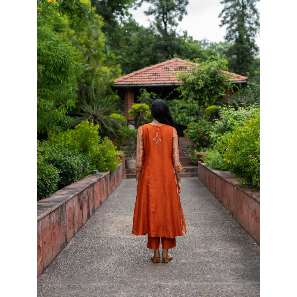 DEEPTHEE Rust Orange Hand Embroidered A-Line Kurta with Pant and Dupatta (Set of 3)