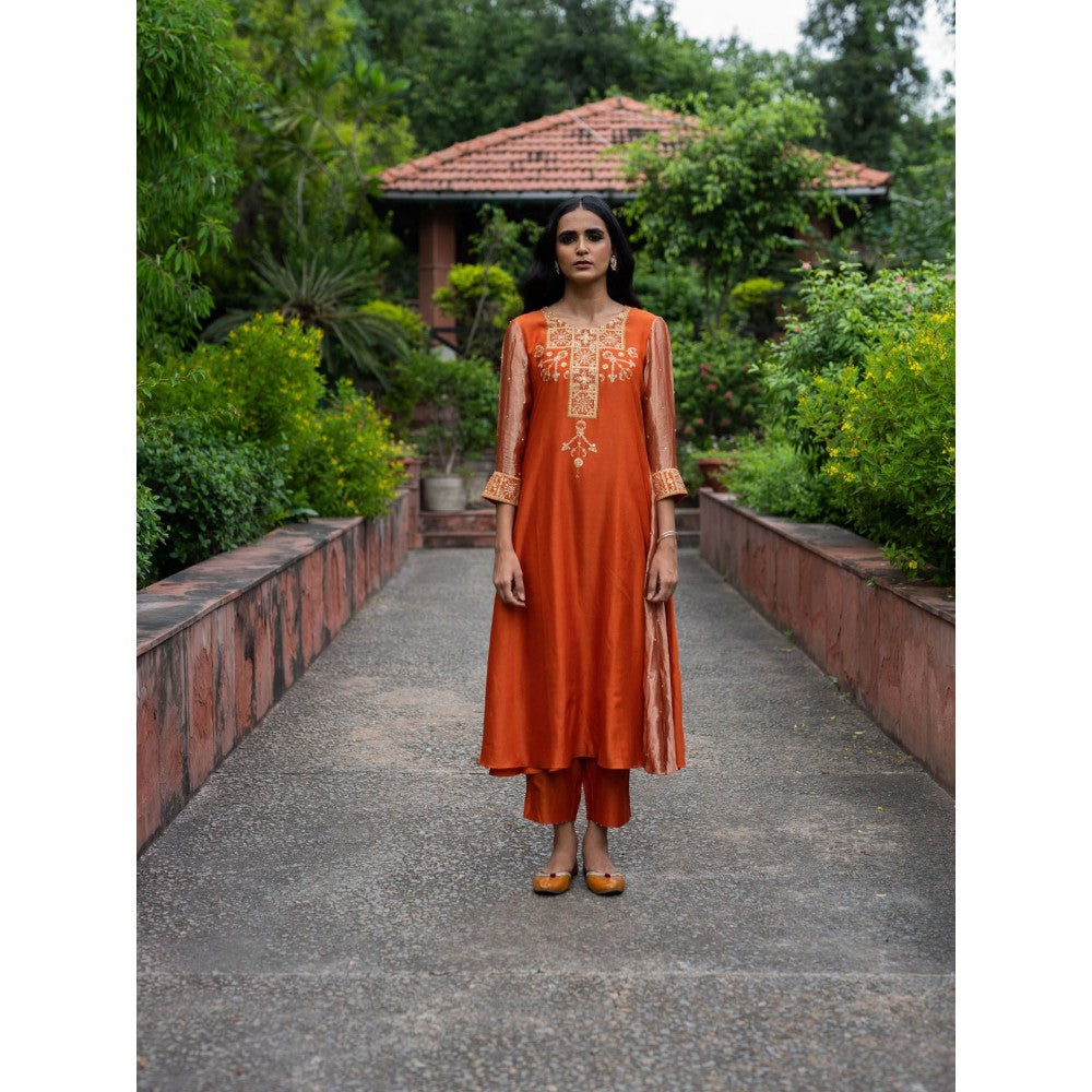 DEEPTHEE Rust Orange Hand Embroidered A-Line Kurta with Pant and Dupatta (Set of 3)