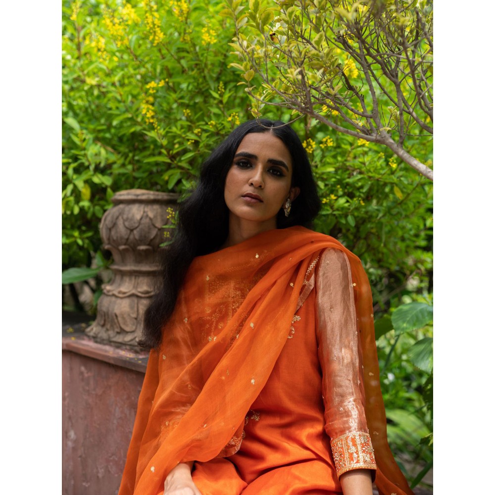 DEEPTHEE Rust Orange Hand Embroidered A-Line Kurta with Pant and Dupatta (Set of 3)