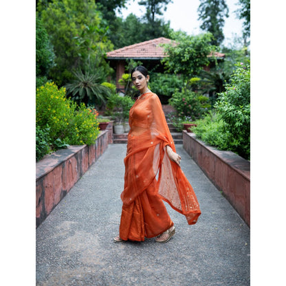 DEEPTHEE Rust Orange Half and Half Embroidered Saree Wih Stitched Blouse