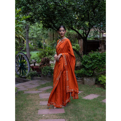 DEEPTHEE Rust Orange Hand Embroidered Silk Saree with Stitched Blouse