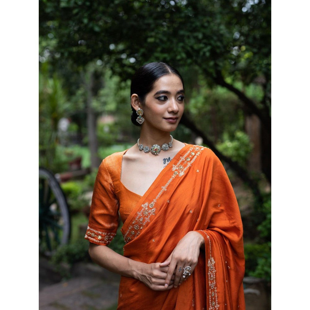 DEEPTHEE Rust Orange Hand Embroidered Silk Saree with Stitched Blouse