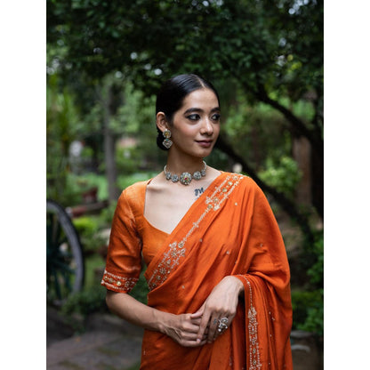 DEEPTHEE Rust Orange Hand Embroidered Silk Saree with Stitched Blouse