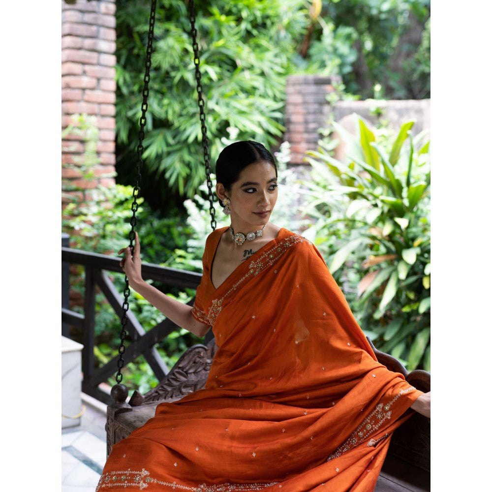 DEEPTHEE Rust Orange Hand Embroidered Silk Saree with Stitched Blouse