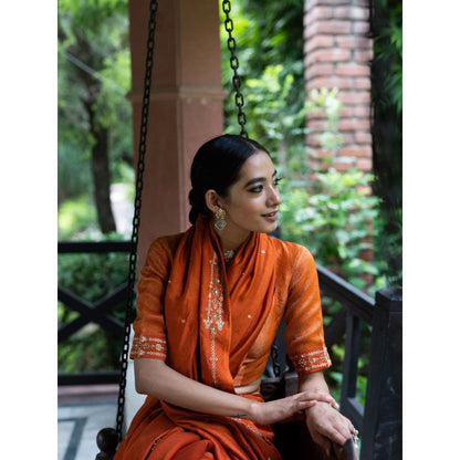DEEPTHEE Rust Orange Hand Embroidered Silk Saree with Stitched Blouse