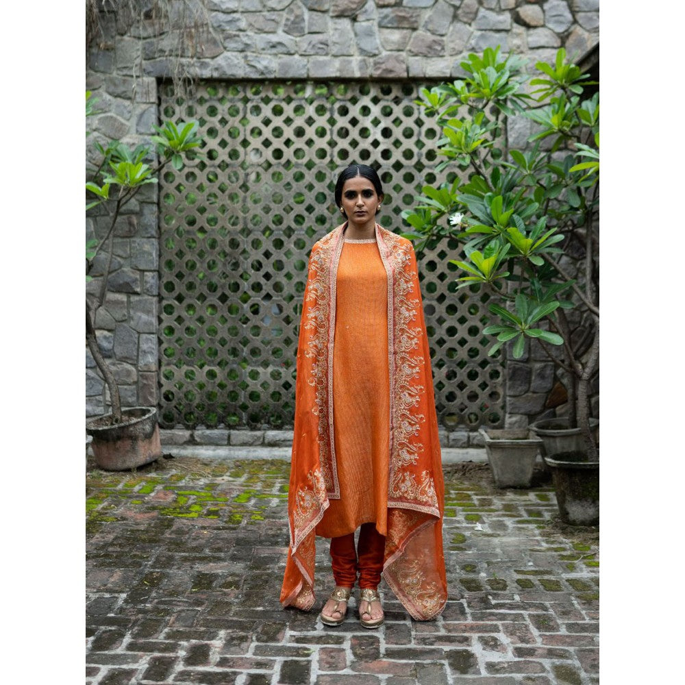 DEEPTHEE Rust Orange Straight Kurta with Churidar and Dupatta (Set of 3)