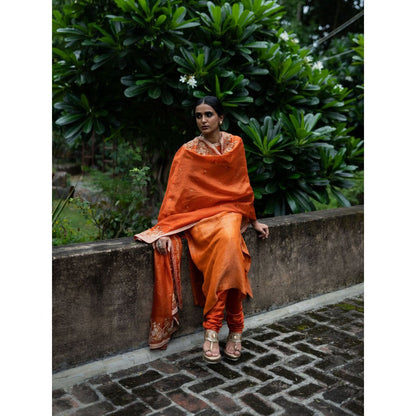 DEEPTHEE Rust Orange Straight Kurta with Churidar and Dupatta (Set of 3)