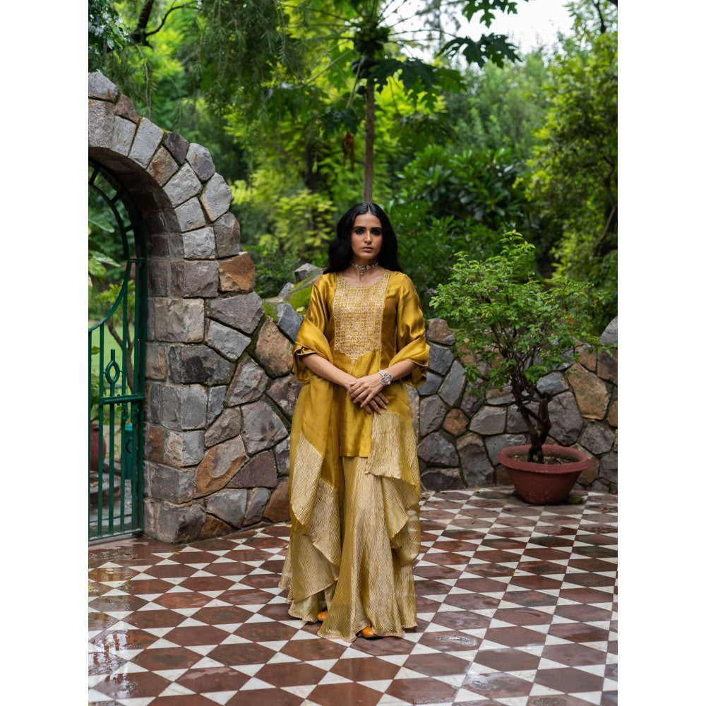 DEEPTHEE Molten Gold Yellow Short Kurti with Sharara and Dupatta (Set of 3)