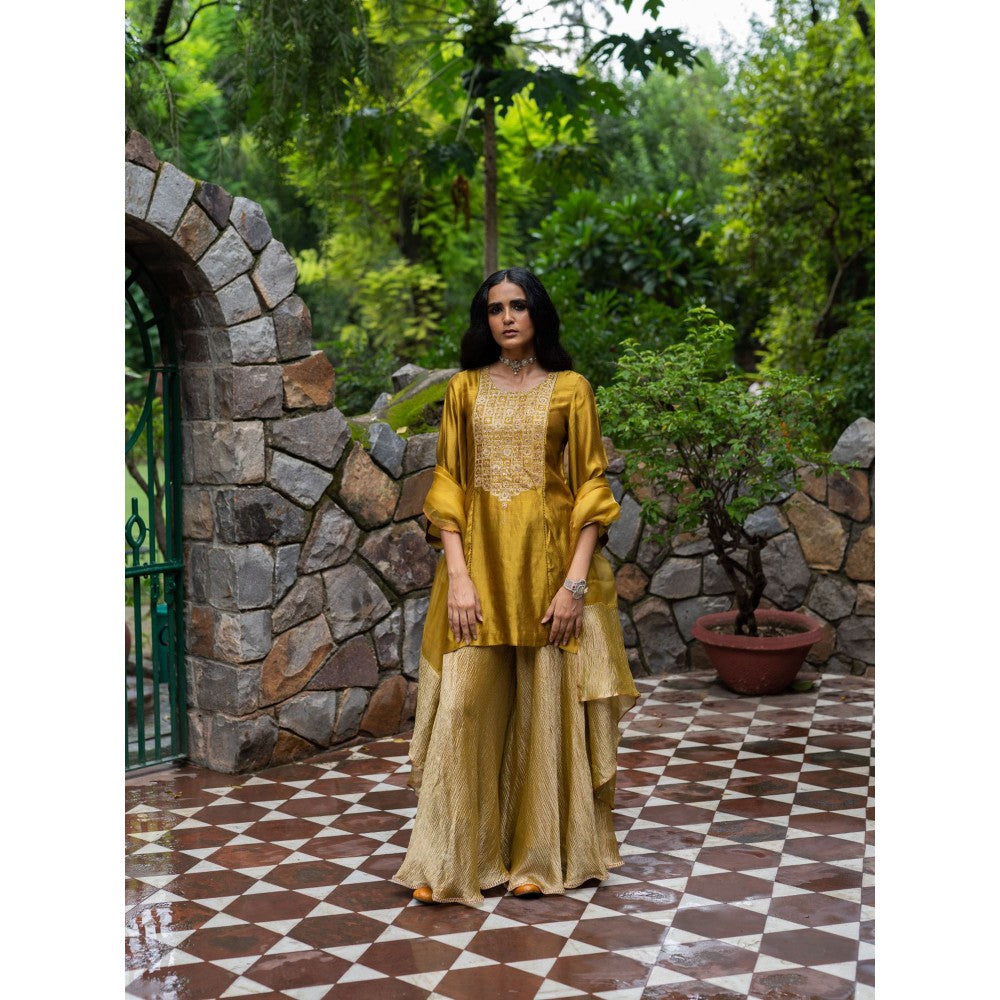 DEEPTHEE Molten Gold Yellow Short Kurti with Sharara and Dupatta (Set of 3)