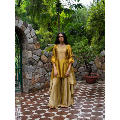 DEEPTHEE Molten Gold Yellow Short Kurti with Sharara and Dupatta (Set of 3)