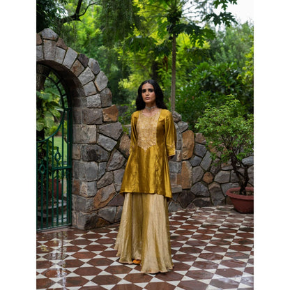 DEEPTHEE Molten Gold Yellow Short Kurti with Sharara and Dupatta (Set of 3)