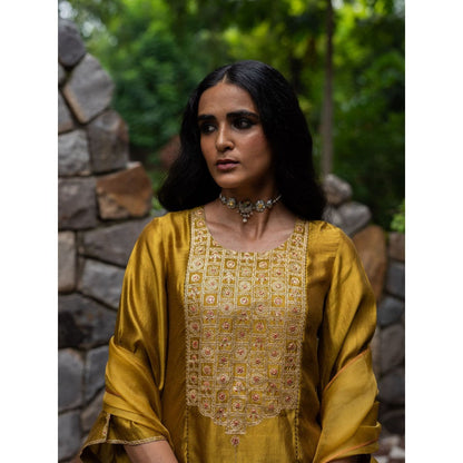 DEEPTHEE Molten Gold Yellow Short Kurti with Sharara and Dupatta (Set of 3)