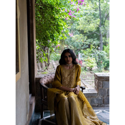 DEEPTHEE Molten Gold Yellow Short Kurti with Sharara and Dupatta (Set of 3)