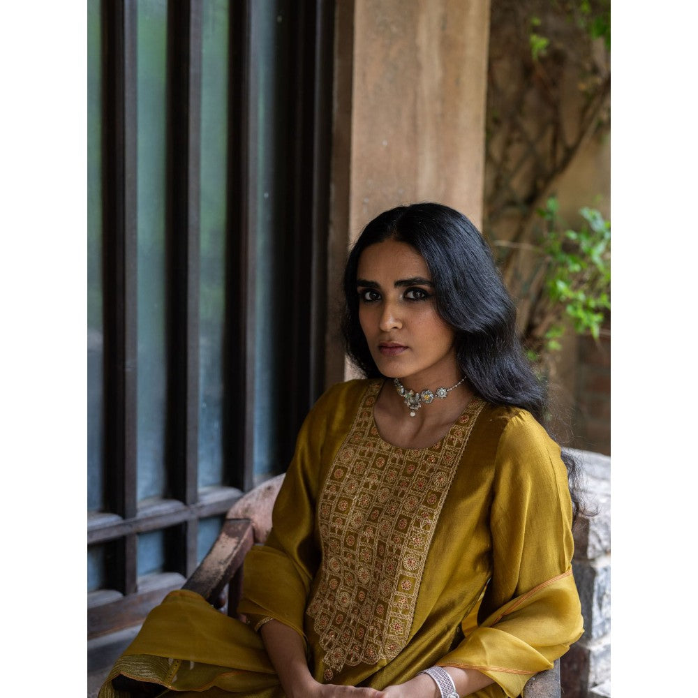 DEEPTHEE Molten Gold Yellow Short Kurti with Sharara and Dupatta (Set of 3)