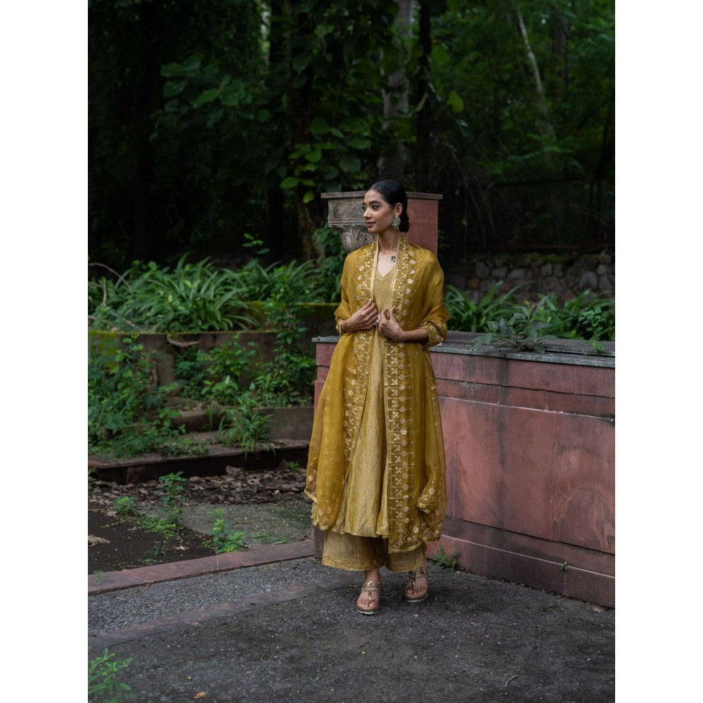 DEEPTHEE Molten Gold Yellow Tissue Silk Anarkali Kurta with Pant and Dupatta (Set of 3)