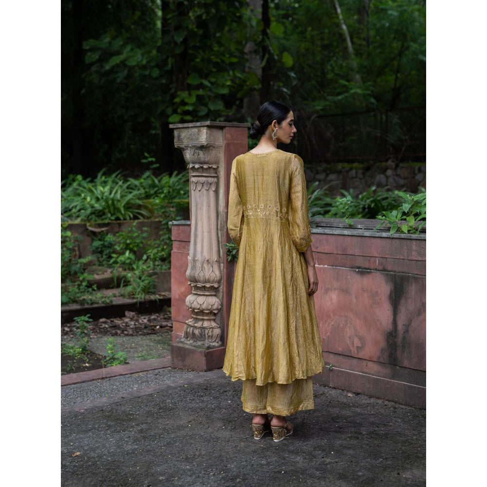 DEEPTHEE Molten Gold Yellow Tissue Silk Anarkali Kurta with Pant and Dupatta (Set of 3)