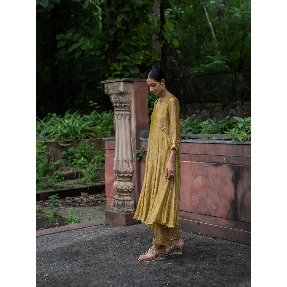 DEEPTHEE Molten Gold Yellow Tissue Silk Anarkali Kurta with Pant and Dupatta (Set of 3)