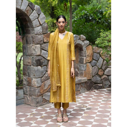 DEEPTHEE Molten Gold Yellow Hand Embroidered Kurta with Pant and Dupatta (Set of 3)