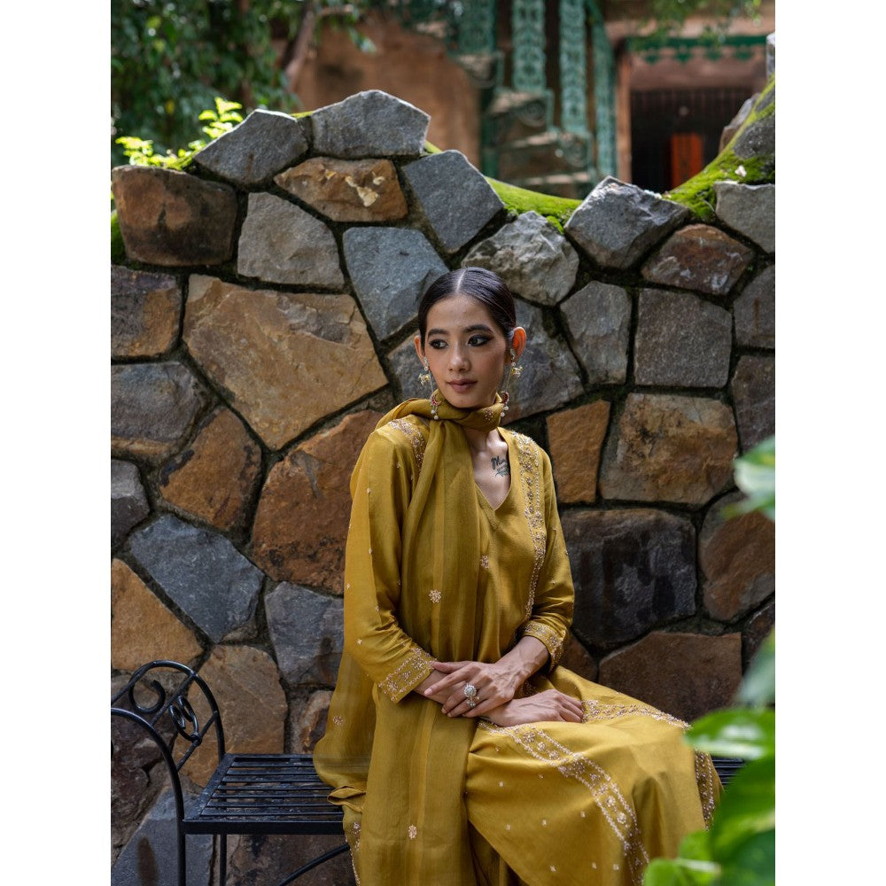 DEEPTHEE Molten Gold Yellow Hand Embroidered Kurta with Pant and Dupatta (Set of 3)