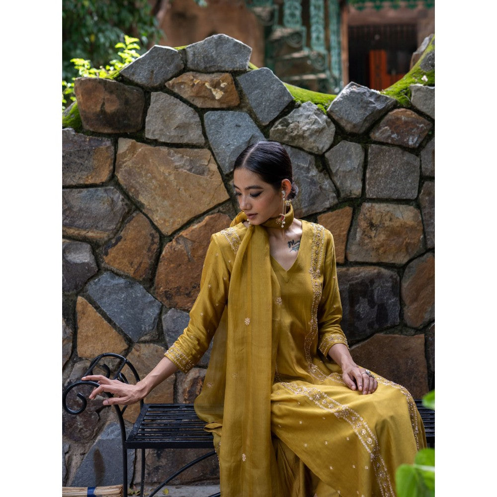 DEEPTHEE Molten Gold Yellow Hand Embroidered Kurta with Pant and Dupatta (Set of 3)