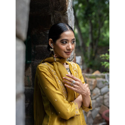 DEEPTHEE Molten Gold Yellow Hand Embroidered Kurta with Pant and Dupatta (Set of 3)